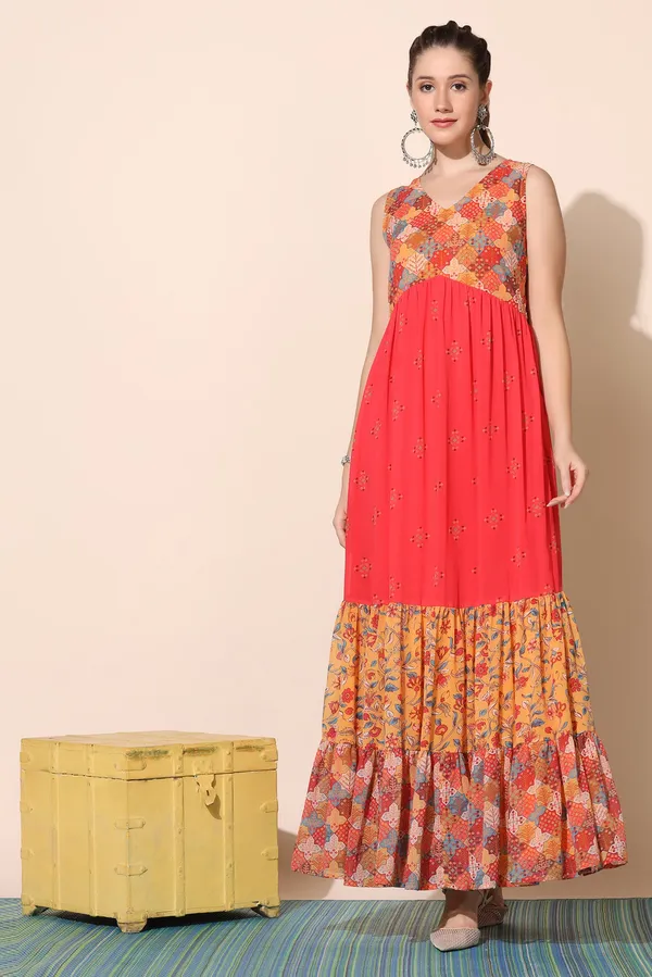 Red_Georgette_Motif_Print_Tiered_Maxi_Dress_For_Women