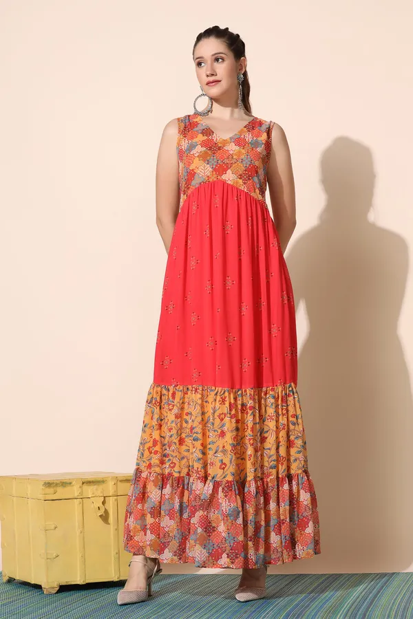 Red_Georgette_Motif_Print_Tiered_Maxi_Dress_For_Women