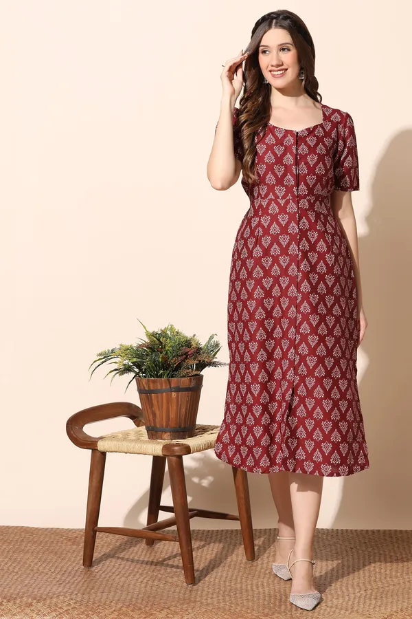 Maroon_Cotton_Motif_Print_Slit_Dress_For_Women