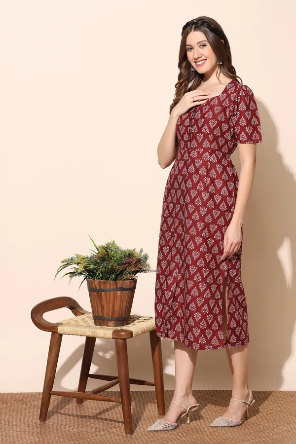 Maroon_Cotton_Motif_Print_Slit_Dress_For_Women