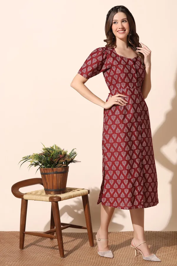 Maroon_Cotton_Motif_Print_Slit_Dress_For_Women