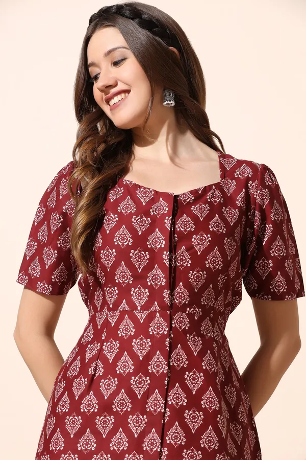 Maroon_Cotton_Motif_Print_Slit_Dress_For_Women