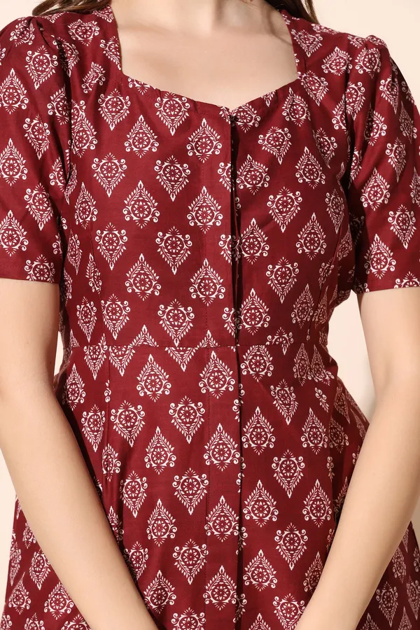 Maroon_Cotton_Motif_Print_Slit_Dress_For_Women