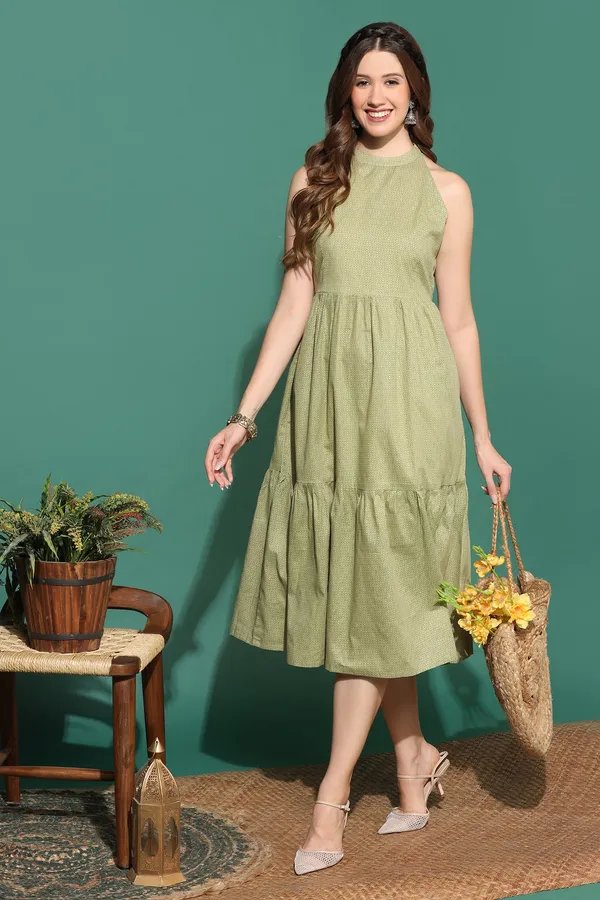 Olive_Tiered_Dress_with_Geometric_Print_|_Cotton_Fabric