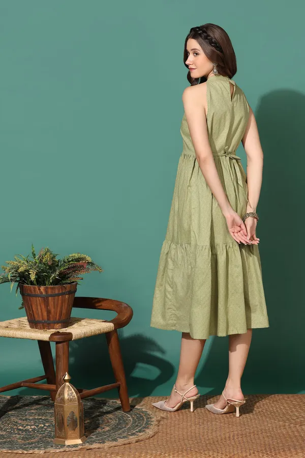 Olive_Tiered_Dress_with_Geometric_Print_|_Cotton_Fabric