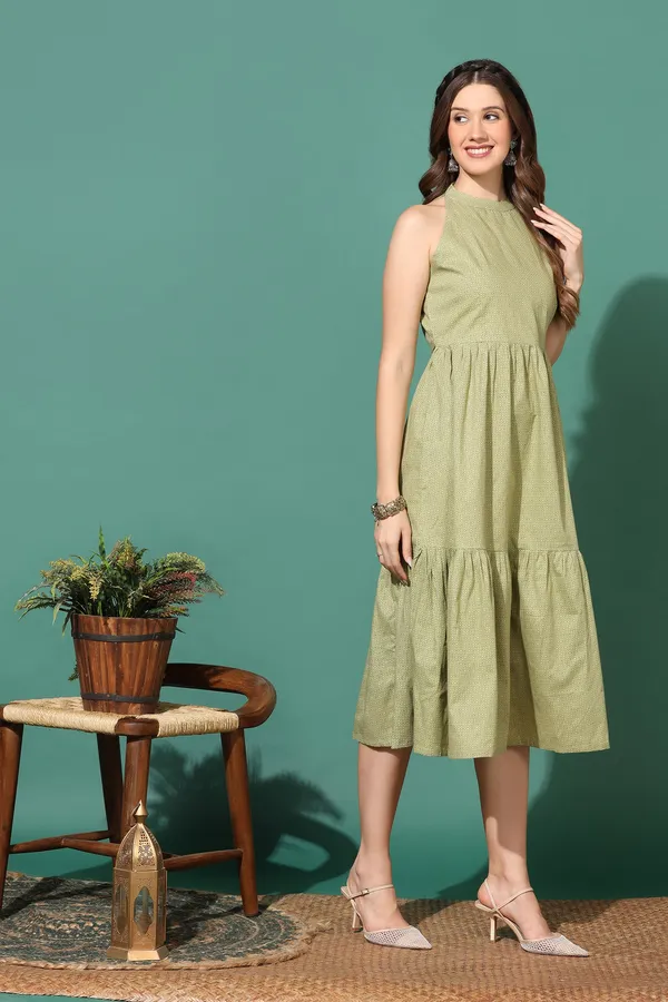 Olive_Tiered_Dress_with_Geometric_Print_|_Cotton_Fabric