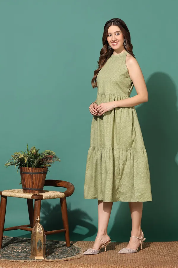 Olive_Tiered_Dress_with_Geometric_Print_|_Cotton_Fabric