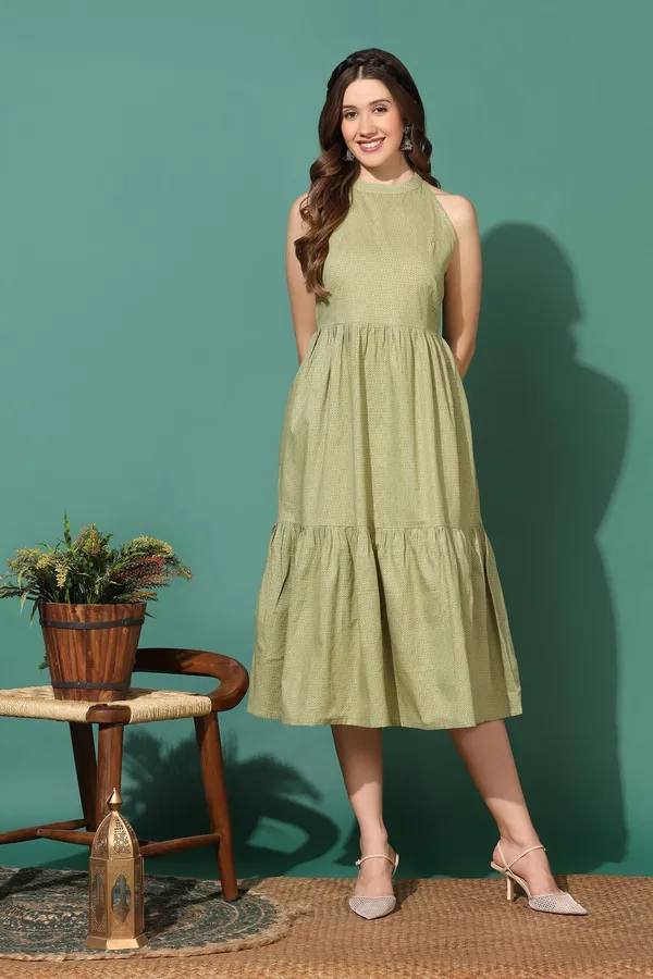 Olive_Tiered_Dress_with_Geometric_Print_|_Cotton_Fabric