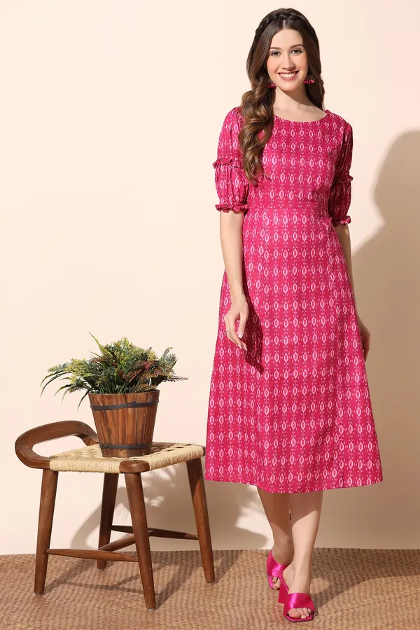 Pink_Cotton_Ikat_Print_Double_Puff_Sleeve_A-Line_Dress_For_Women