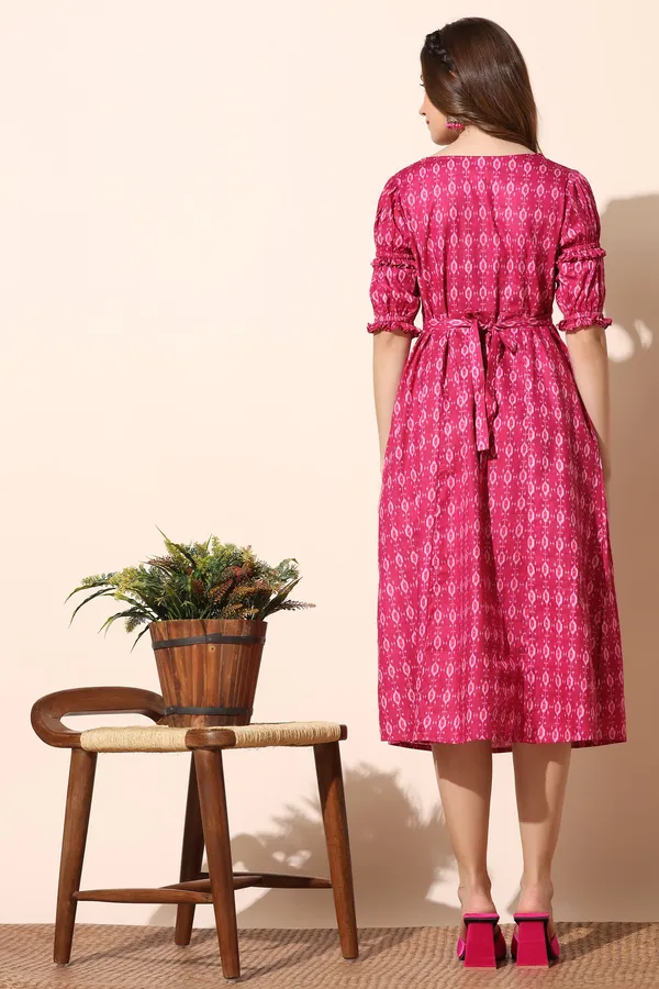Pink_Cotton_Ikat_Print_Double_Puff_Sleeve_A-Line_Dress_For_Women