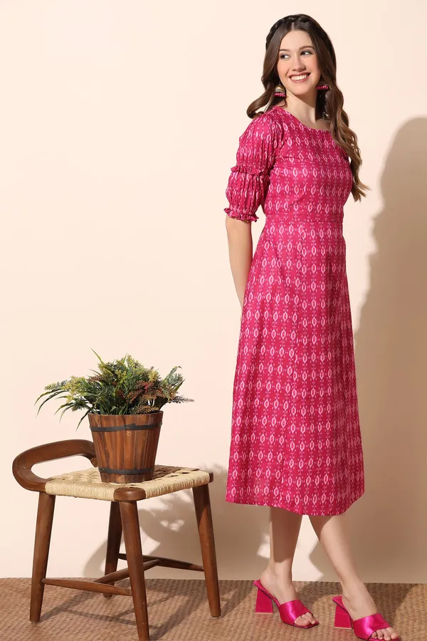 Pink_Cotton_Ikat_Print_Double_Puff_Sleeve_A-Line_Dress_For_Women