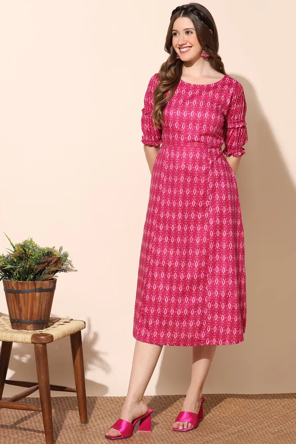 Pink_Cotton_Ikat_Print_Double_Puff_Sleeve_A-Line_Dress_For_Women