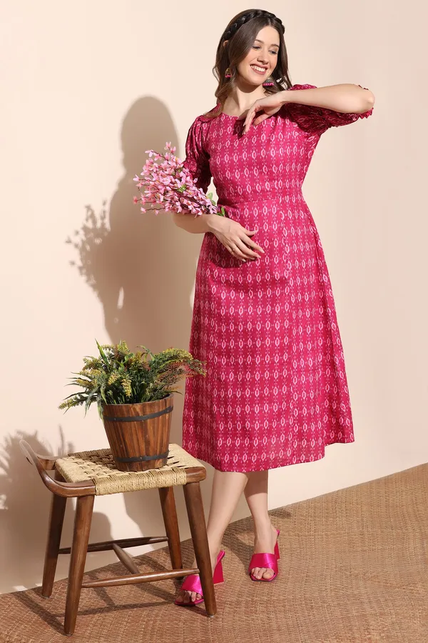 Pink_Cotton_Ikat_Print_Double_Puff_Sleeve_A-Line_Dress_For_Women