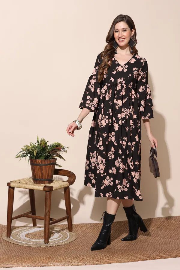Black_Floral_Print_Empire_Dress_For_Women