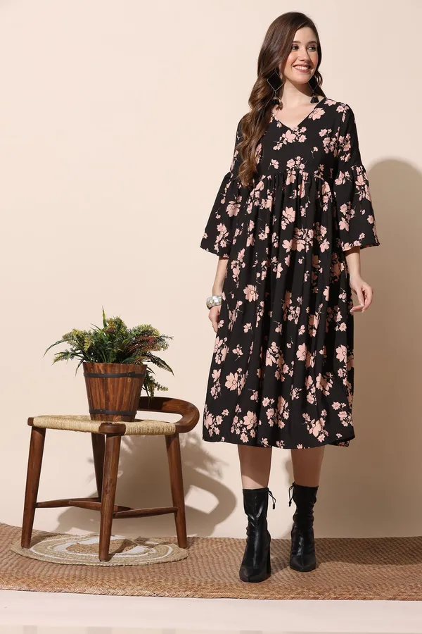 Black_Floral_Print_Empire_Dress_For_Women