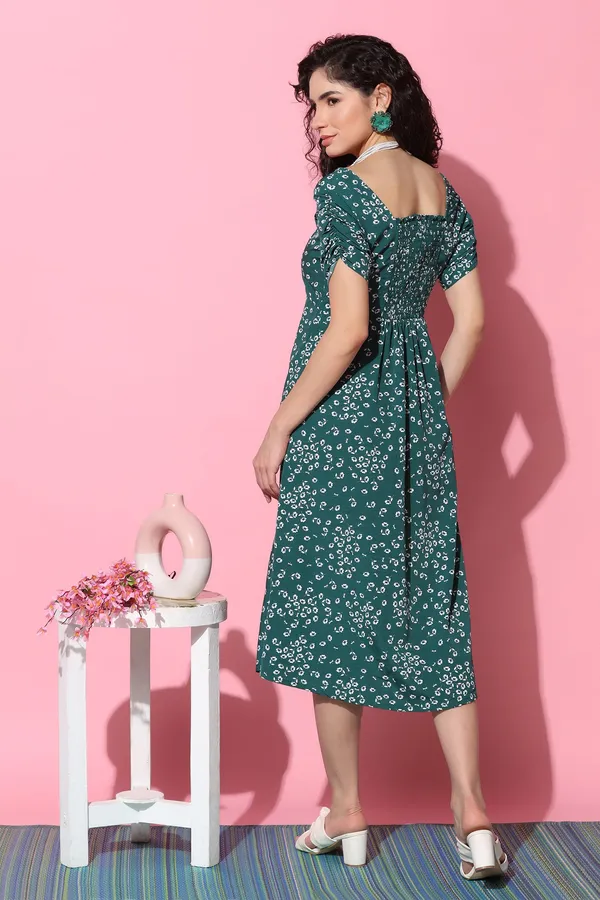 Bottle_Green_Floral_Print_Midi_Dress_For_Women