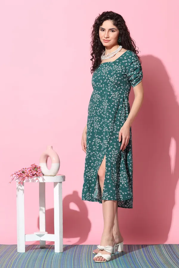 Bottle_Green_Floral_Print_Midi_Dress_For_Women