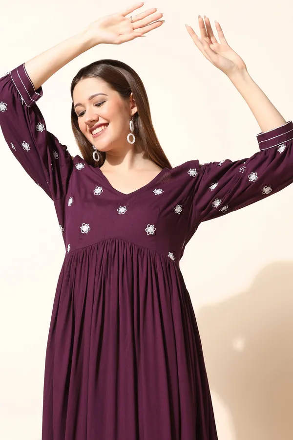 Wine_Rayon_Embroidered_Empire_Dress_For_Women