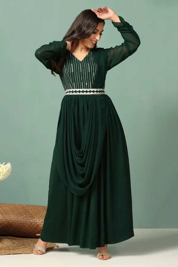 Bottle_Green_Georgette_Embroidery_Maxi_Dress_With_Dupatta_Set_For_Women