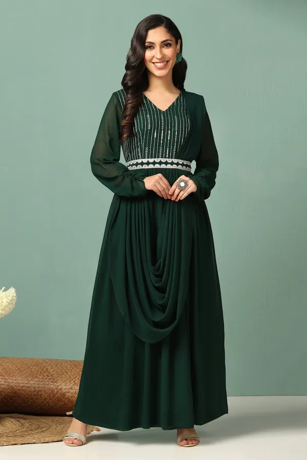 Bottle_Green_Georgette_Embroidery_Maxi_Dress_With_Dupatta_Set_For_Women