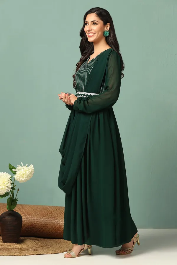 Bottle_Green_Georgette_Embroidery_Maxi_Dress_With_Dupatta_Set_For_Women