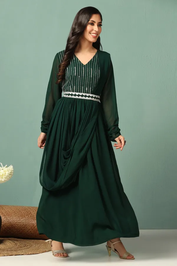 Bottle_Green_Georgette_Embroidery_Maxi_Dress_With_Dupatta_Set_For_Women