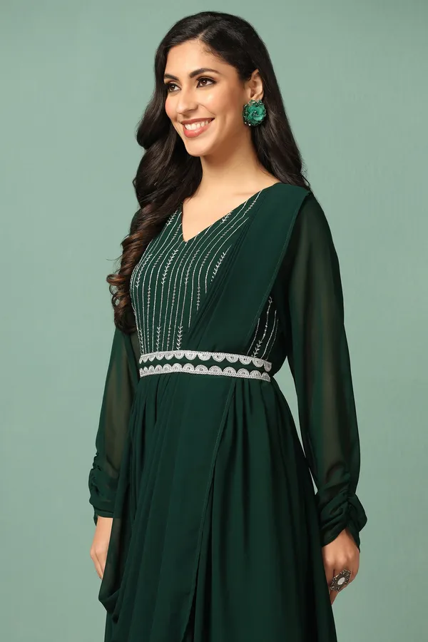 Bottle_Green_Georgette_Embroidery_Maxi_Dress_With_Dupatta_Set_For_Women