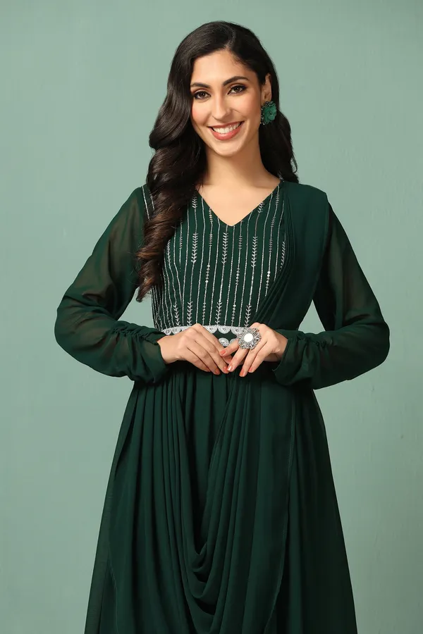 Bottle_Green_Georgette_Embroidery_Maxi_Dress_With_Dupatta_Set_For_Women