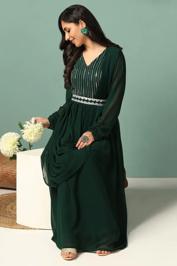 Bottle_Green_Georgette_Embroidery_Maxi_Dress_With_Dupatta_Set_For_Women