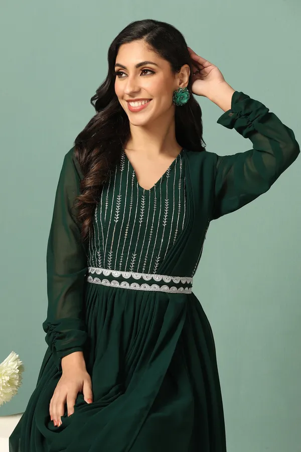 Bottle_Green_Georgette_Embroidery_Maxi_Dress_With_Dupatta_Set_For_Women