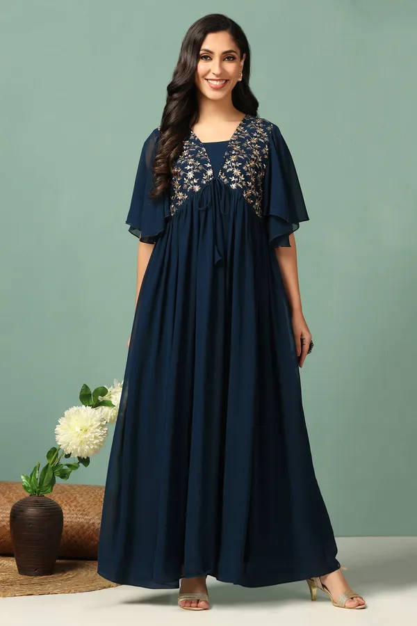 Teal_Blue_Georgette_Embroidered_Empire_Waist_Maxi_Length_Dress_For_Women