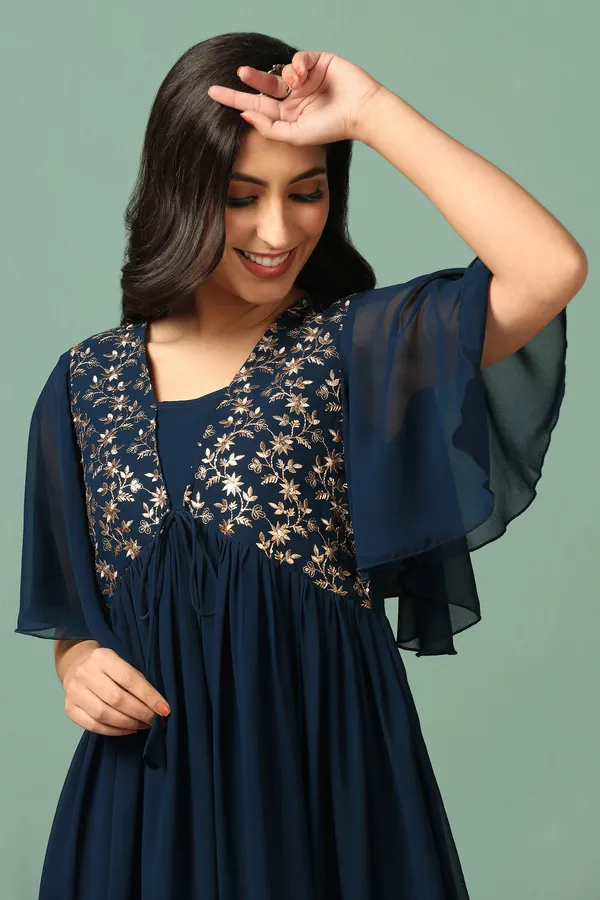 Teal_Blue_Georgette_Embroidered_Empire_Waist_Maxi_Length_Dress_For_Women