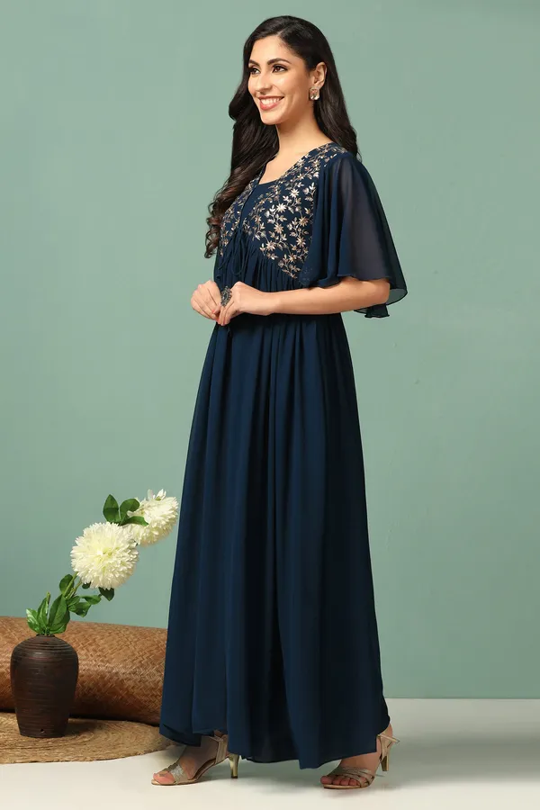 Teal_Blue_Georgette_Embroidered_Empire_Waist_Maxi_Length_Dress_For_Women