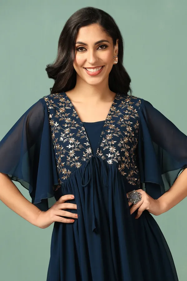 Teal_Blue_Georgette_Embroidered_Empire_Waist_Maxi_Length_Dress_For_Women