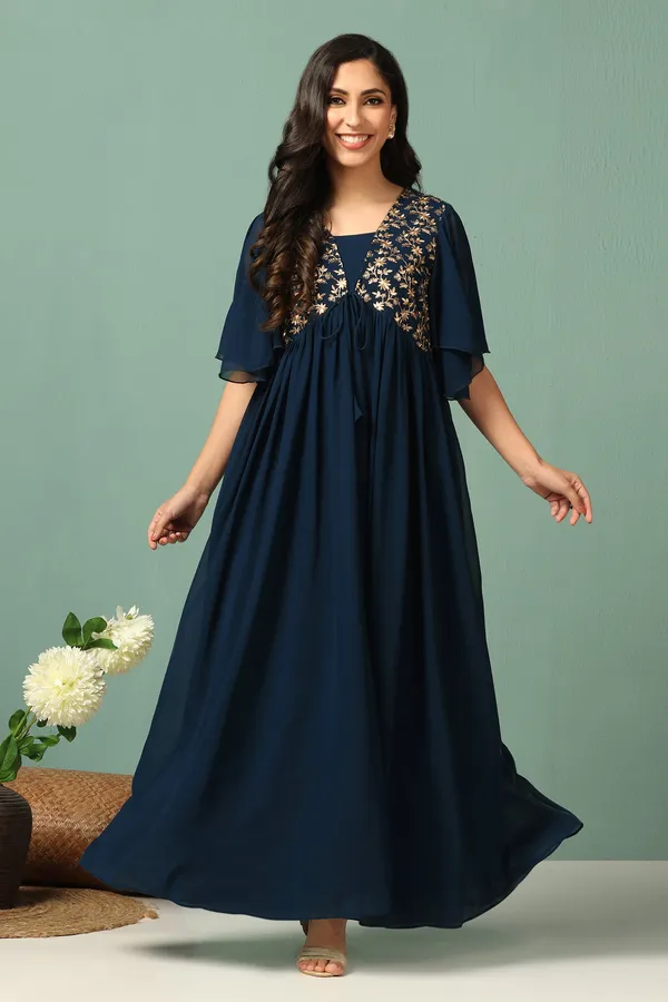 Teal_Blue_Georgette_Embroidered_Empire_Waist_Maxi_Length_Dress_For_Women