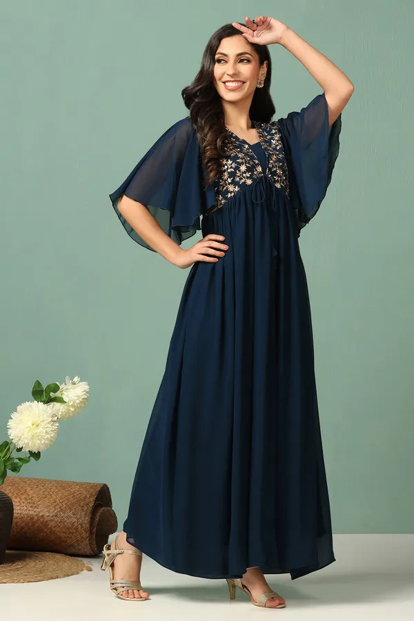 Teal_Blue_Georgette_Embroidered_Empire_Waist_Maxi_Length_Dress_For_Women