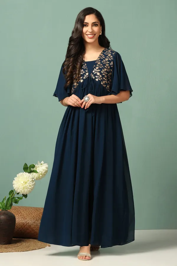 Teal_Blue_Georgette_Embroidered_Empire_Waist_Maxi_Length_Dress_For_Women