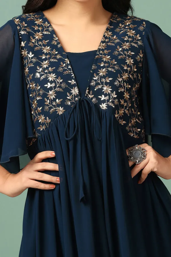 Teal_Blue_Georgette_Embroidered_Empire_Waist_Maxi_Length_Dress_For_Women