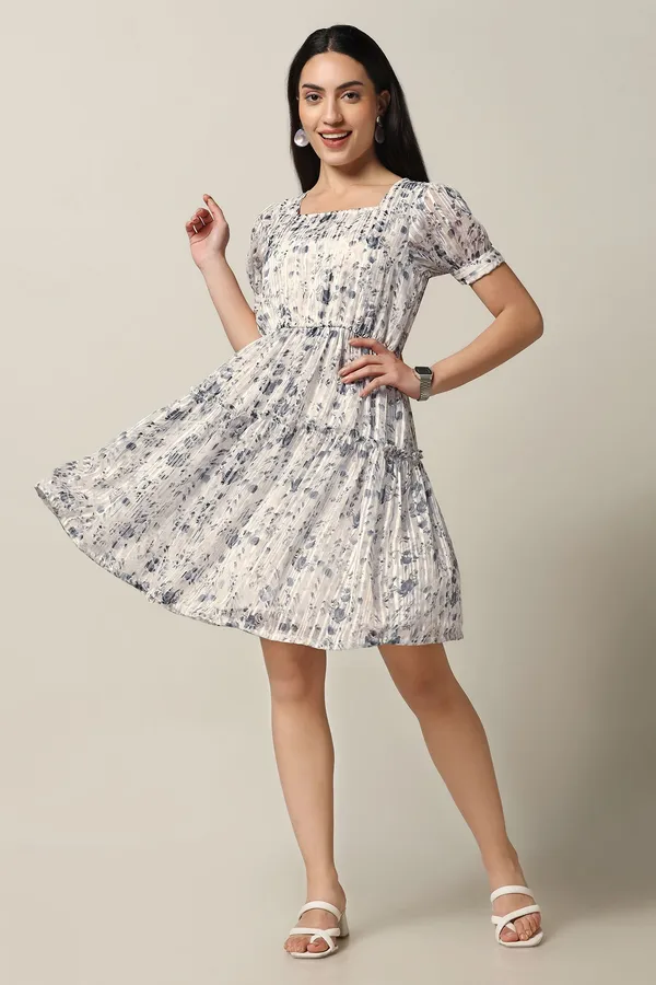 White_Georgette_Floral_Print_Above_Knee_Length_Dress_For_Women