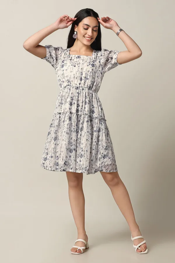 White_Georgette_Floral_Print_Above_Knee_Length_Dress_For_Women