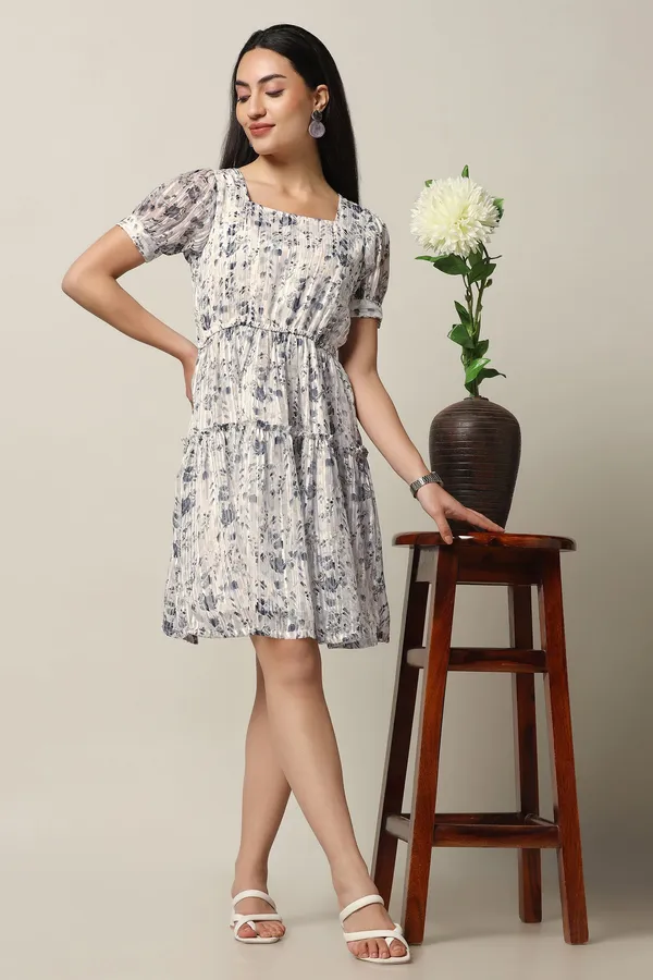 White_Georgette_Floral_Print_Above_Knee_Length_Dress_For_Women