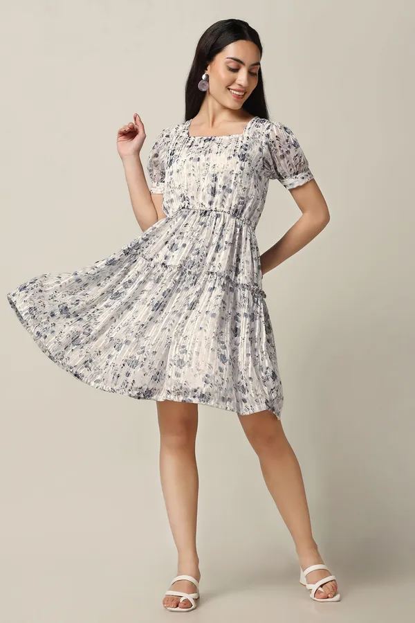 White_Georgette_Floral_Print_Above_Knee_Length_Dress_For_Women