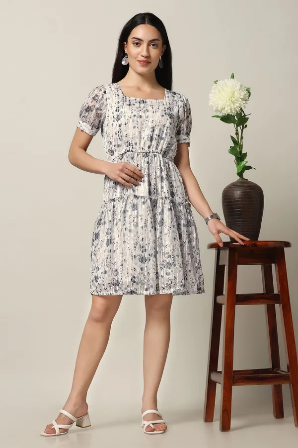 White_Georgette_Floral_Print_Above_Knee_Length_Dress_For_Women