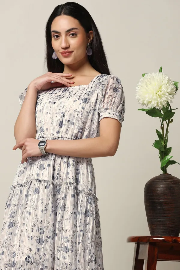 White_Georgette_Floral_Print_Above_Knee_Length_Dress_For_Women