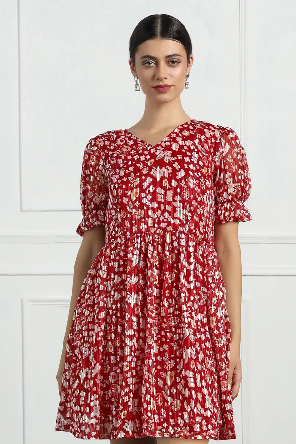 Red_Zari_Georgette_All_Over_Print_Above_Knee_Length_Dress_For_Women