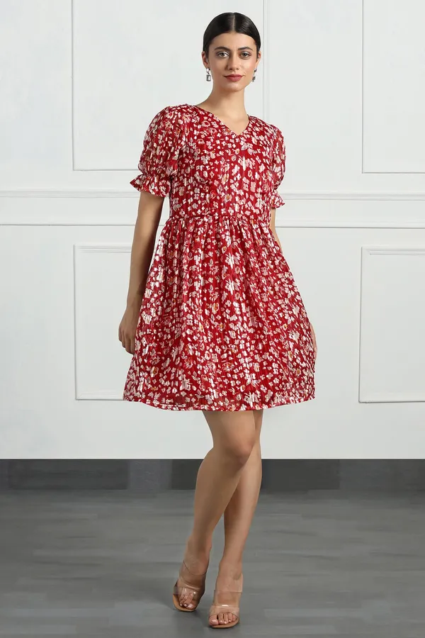 Red_Zari_Georgette_All_Over_Print_Above_Knee_Length_Dress_For_Women
