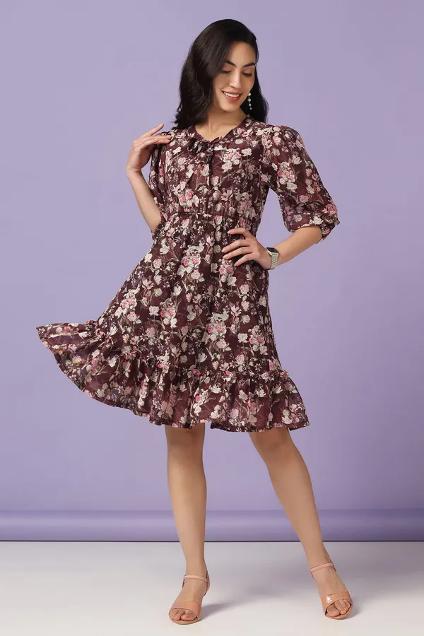 Brown_Georgette_Floral_Print_Knee_Length_Dress_For_Women