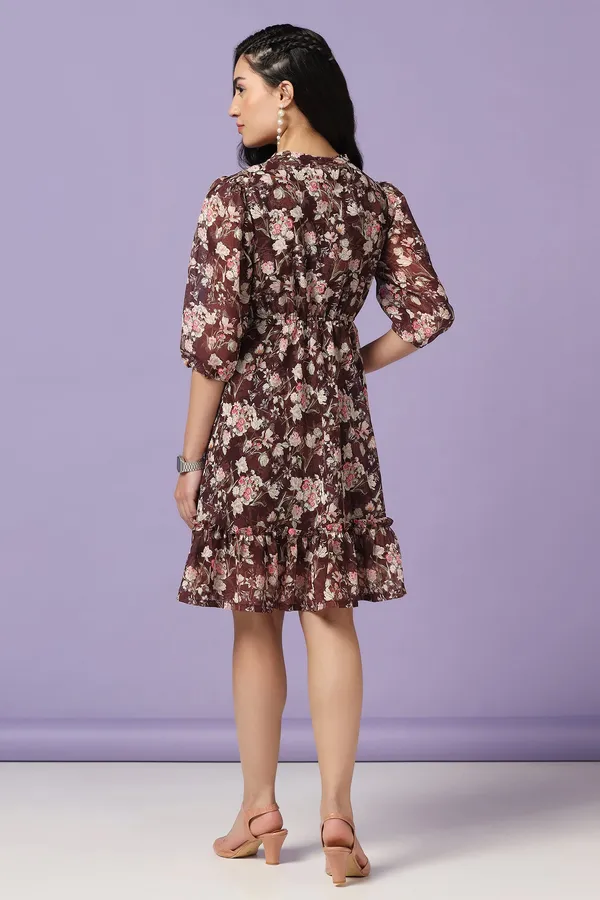 Brown_Georgette_Floral_Print_Knee_Length_Dress_For_Women