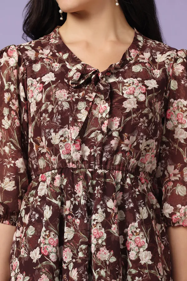 Brown_Georgette_Floral_Print_Knee_Length_Dress_For_Women