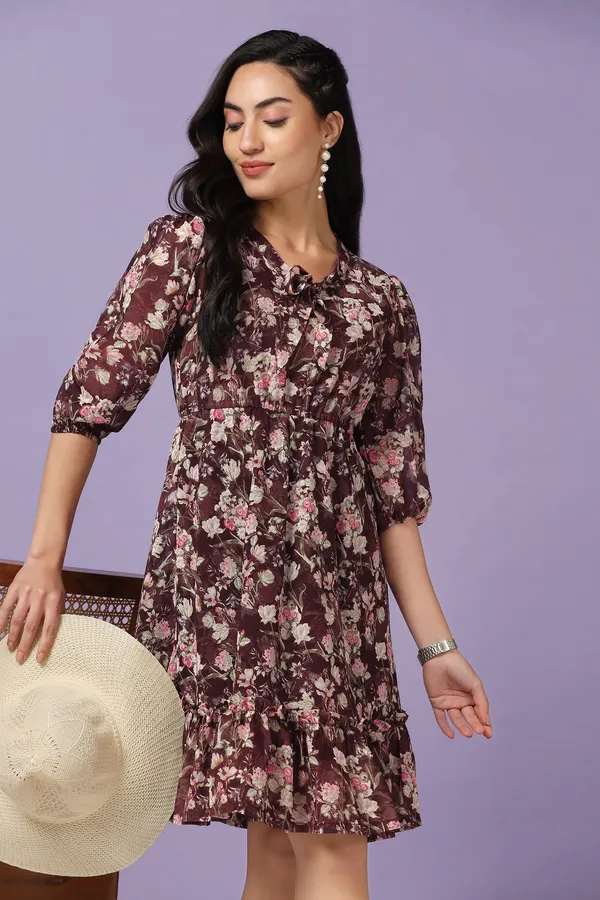 Brown_Georgette_Floral_Print_Knee_Length_Dress_For_Women